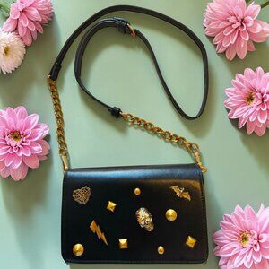 NWT Betsey Johnson Black Studded Crossbody – Gold Charms, Skull, Lightning, Bat